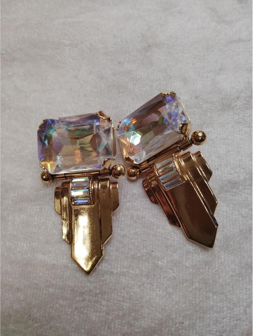 Runway Art Deco AB Door Knocker Zoe Coste? Gold Tone Statement Earrings